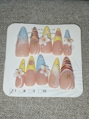 Press-On Floral Stiletto Nails in Pastel Yellow & Blue